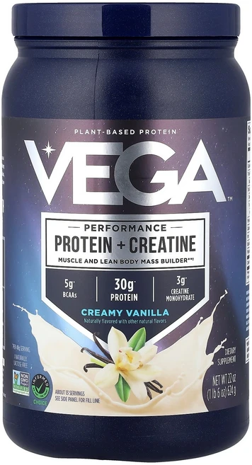 Vega 식물성 운동 능력 단백질 + 크레아틴 크리미 바닐라 624g(1lb 6oz) Vega (베가), 961 g - 쿠팡