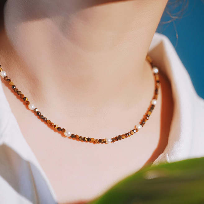 실버 멀티 천연석 5mm 진주 목걸이 스와로브스키 크리스털 패션 목걸이