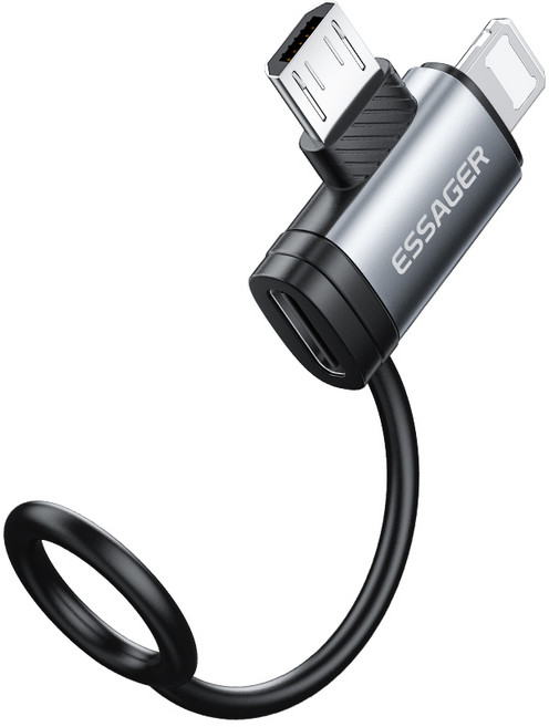 ESSAGER 포터블 C타입 to 듀얼 연장 라이트닝 8핀 마이크로 5핀 올인원 멀티 변환 젠더, 1개, 그레이, 28mm