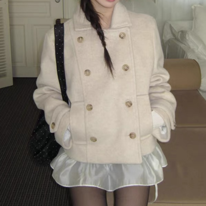 체인지쉬(change she) 여성 클래식 더블 단추 심플 모직 숏 코트