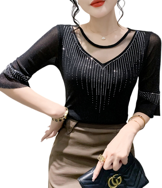 댄스복 상의 여성용 핫피스 망사 패션 펀칭 7부 소매 티셔츠 뉴타임즈F1209