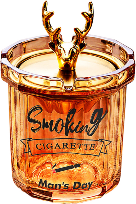 舒適家 創意防飛菸灰缸 不鏽鋼蓋 防風玻璃鹿角造型, 琥珀色+金色漏斗+鹿頭蓋子, 1個