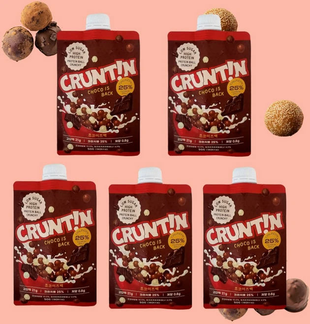 크런틴 초코이즈백 초코볼 단백질21g 쉐이크 크런치볼25% 추가 초코맛 1박스, 50g, 5개 - 쿠팡