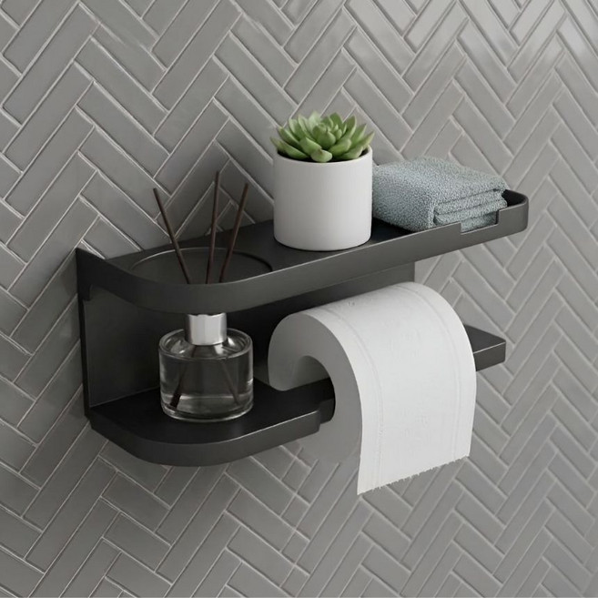 다용도 무타공 화장실 선반 휴지걸이, 블랙, 1개