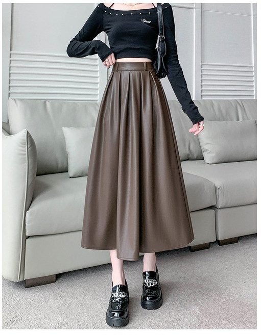 와이드 밀릭 여성 롱 슬림핏 가죽 A라인 치마