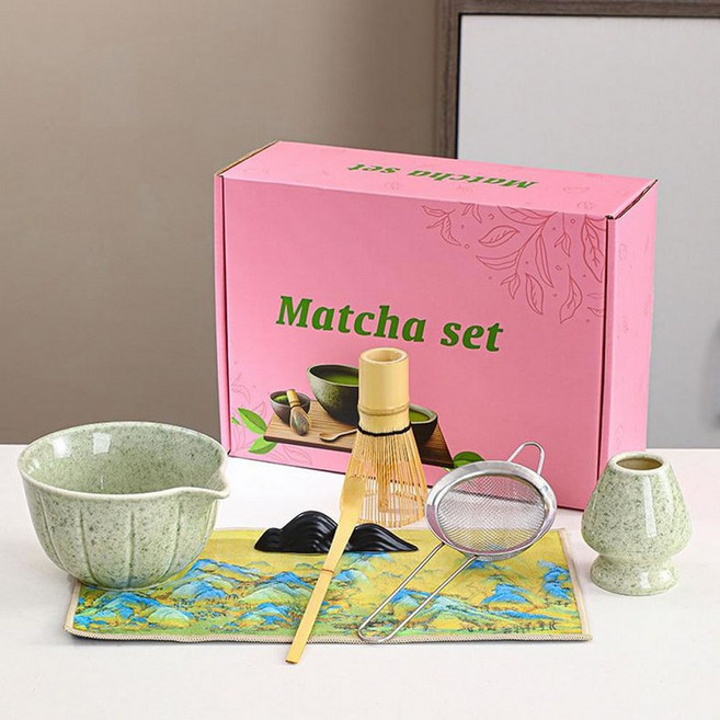 SimHm 말차 도구 세트 꽃잎 모양 말차그릇 백본립 차선 차 젓가락 여과 냅킨 Matcha whisk 등 전체 점차 도구 7종 세트, 7개, 말차용품