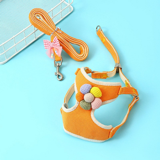 시즌홈 고양이 방울꽃 하네스 리드줄 세트 탈출방지 산책용 가슴줄, 1개, 오렌지