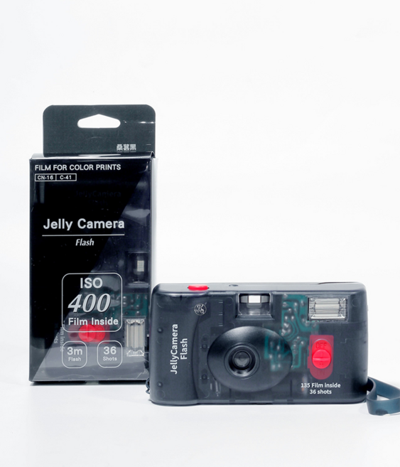 富士 FujiFilm JellyCamera Flash 400 傻瓜相機 內置閃光燈 復古風格 透明外殼 桑葚黑, 荔枝白, 1個, 果凍相機 桑葚黑 (36張)