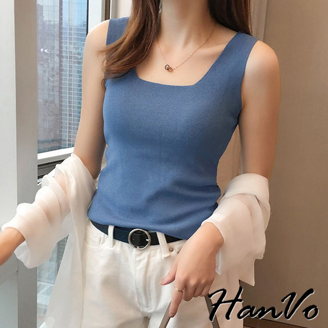HanVo 素色薄款大U領針織背心 - 韓系女生衣著