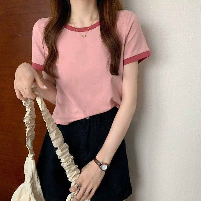 KITTEN 韓版設計感拼色 短袖短版素T 寬鬆女裝