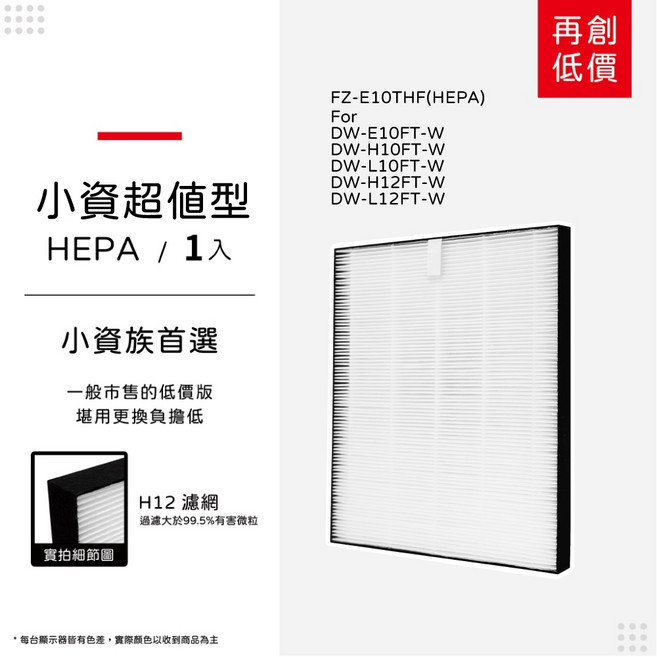 蟎著媽 適用 SHARP 夏普 DW-E10FT-W DW-H10FT-W DW-H12FT-W DW-L12FT 除濕機 濾網, 1個, 小資超值型-集塵HEPA/單片, E10HEPA*1