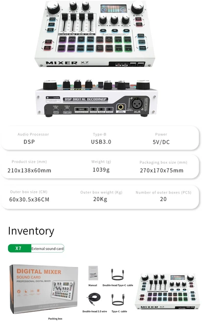 FUHAM 라이브 사운드 카드 X7 보이스 체인저 DJ 믹서 이펙트 프로세서 PC 스트리밍 및 컴퓨터 오디오 인터, 01 X7 Sound Card