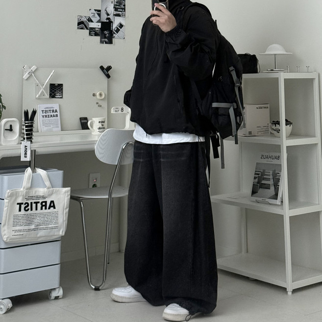 르위 남자 오버핏 바람막이 점퍼 하이넥 스트링 집업자켓