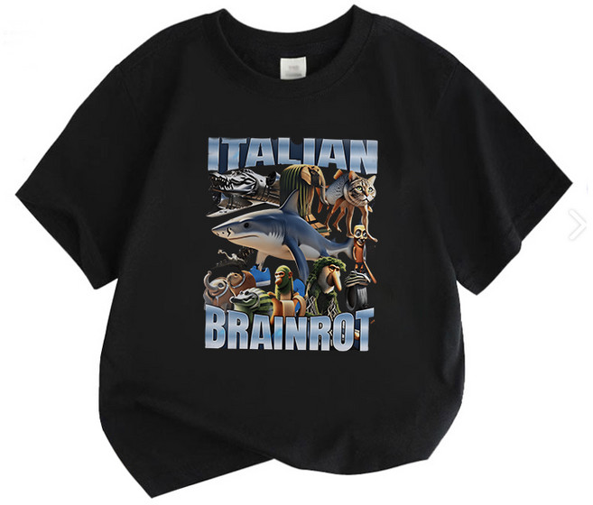 FONOW 아동티셔츠 이탈리안 브레인롯 상어 맨투맨 반팔티셔츠 여름 반팔면티 주니어옷 가족티