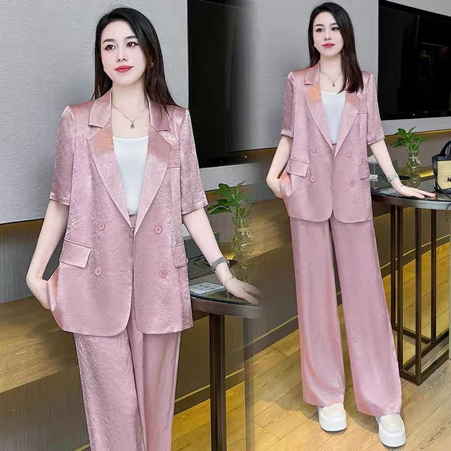 여성 여름 새틴 실크 얇은 반팔 자켓 와이드 팬츠 상하의 정장 세트