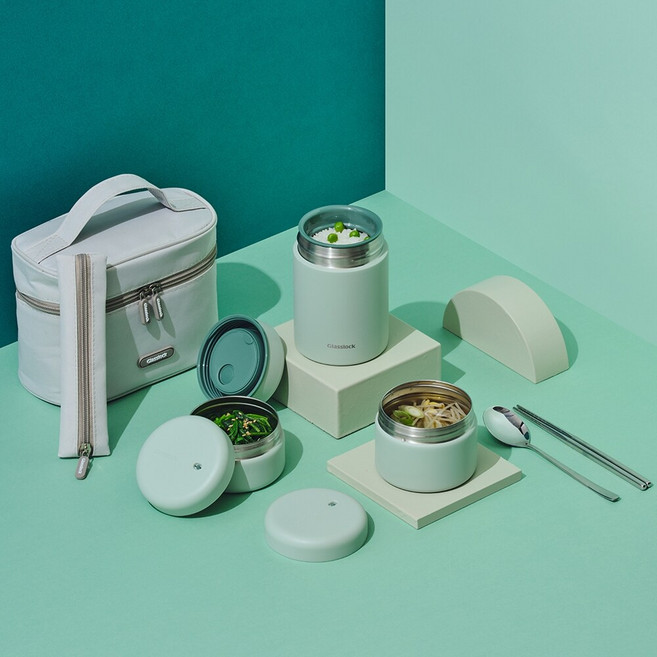 글라스락 플레인 보온도시락 세트 970mL, 뮤트그린, 1개