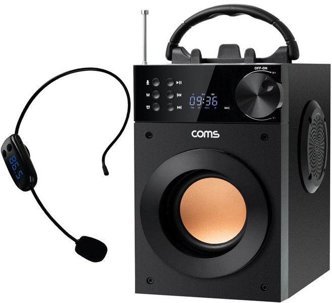Coms 20W 휴대용 우퍼 트위터 내장 포터블 블루투스 스피커 HT224, HT224_FM마이크세트(AP522M), 블랙