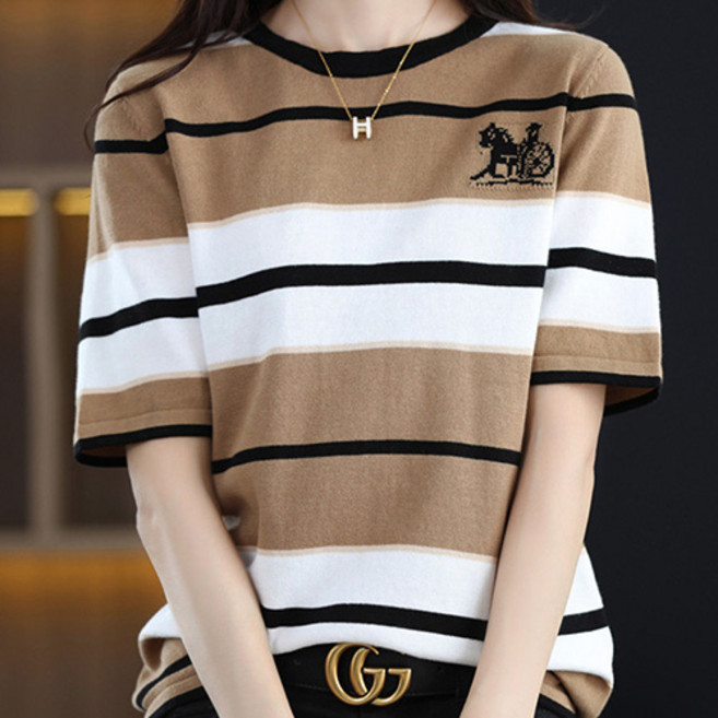 데일로엔 여성 스트라이프 반팔 티 봄 니트