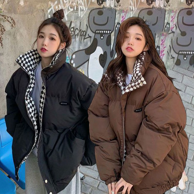 JUSTFEELING 체크카라 집업 도톰 오버핏 패딩점퍼 두꺼운 여성숏패딩 패션 디자인 아우터