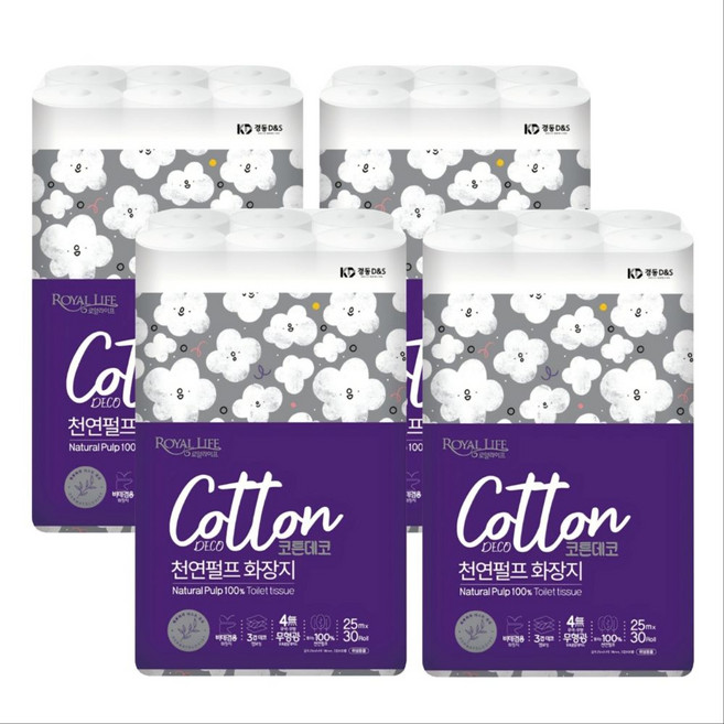로얄라이프 코튼데코 3겹 천연펄프 화장지, 4개, 30롤, 25m