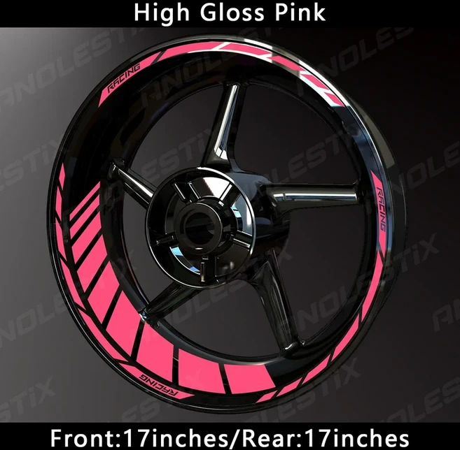 AnoleStix 17 인치 YAMAHA Honda Kawasaki Suzuki BMW KTM Triumph 반사 오토바이 휠 스티커 허브 데칼 림, 10 High Gloss Pink