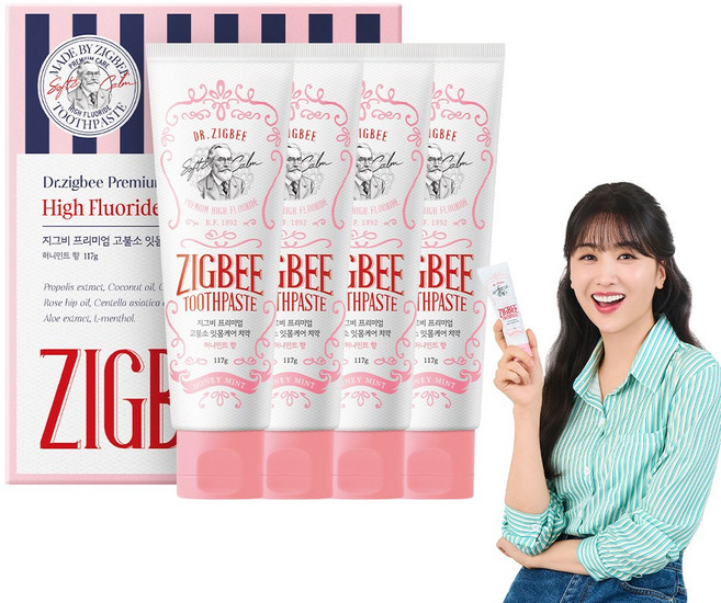 지그비 대용량 고불소 치석 제거 임상완료 잇몸케어 치약 여배우 Pick 허니민트향, 4개, 117g