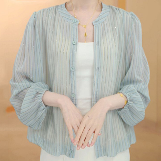 TIRA 여성용 썸머 시스루 스트라이프 긴팔 루즈핏 간절기 심플 라운드넥 자켓