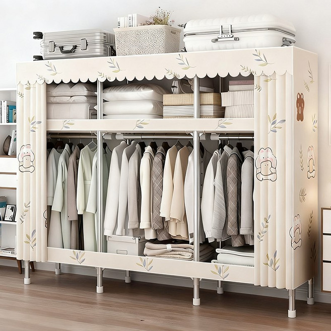 [시스슈] 강관 굵게 업그레이드 간편 천옷장 - 살커튼 수납더블 사이즈 조립식 옷장, 베이지색