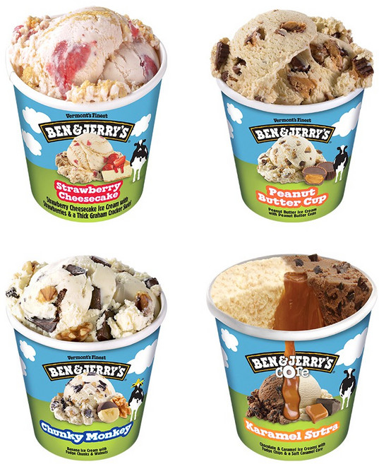 벤앤제리스 파인트 아이스크림 4종 혼합구성(청키몽키+카라멜수트라코어+스트로베리치즈케이크+피넛버터컵), 473ml, 4개