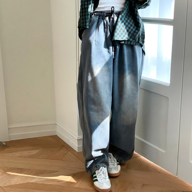 네모엔룩 여성용 와이드힙데님 빅사이즈 루즈핏 힙합 스트릿 허리밴딩 빈티지워싱 청 팬츠 NL