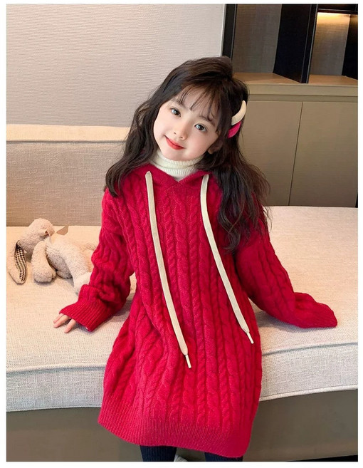 아짱 키즈여아 여아 원피스 아기 유아 아동 키즈 봄원피스 봄 가을 겨울 니트 후드 자매 등원 레드후드니트롱원피스 데일리