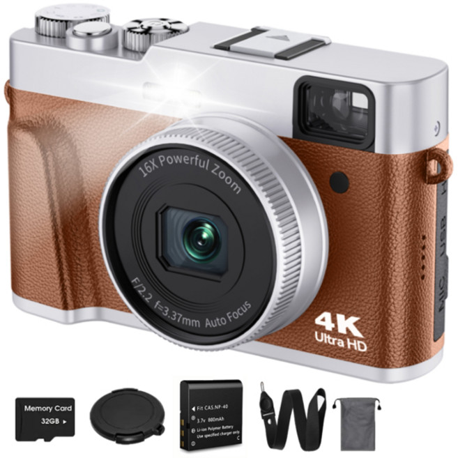 레트로 미니 카메라 디지털 감성 YouTube용 4K 자동 초점 48MP 동영상 블로깅 및 뷰파인더 플래시 다이얼이 포함된 손떨림 방지 비디오, 1)Brown