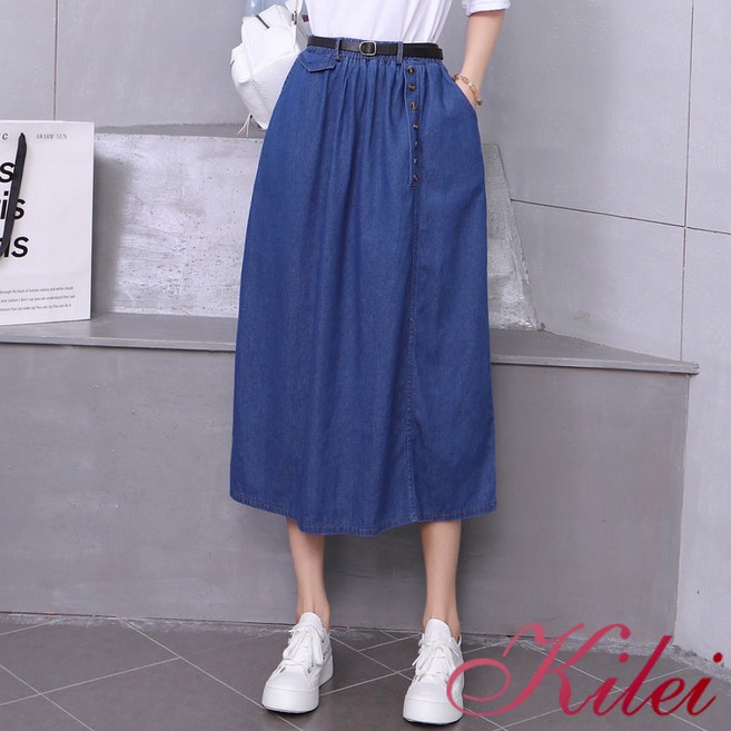 【Kilei】女裝 牛仔裙 A字裙 丹寧腰鬆緊牛仔中長裙XA4376 (2色可選) 大尺碼