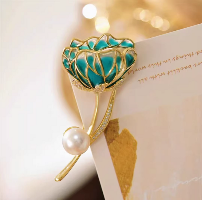 녹색 연꽃 잎 모양 흔지 여성용 고전 스타일로 우아하고 고급스러운 느낌의 꽃 한복 가슴 장식 액세서리