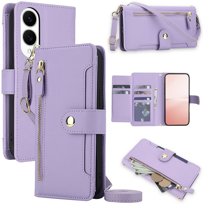 삼성 갤럭시 S26 S25 FE Edge Plus Ultra 적용 크로스바디 PU 가죽 지갑형 폰 케이스 손목 스트랩 카드 수납 지퍼 포켓 RFID 차단 킥스탠드 커버