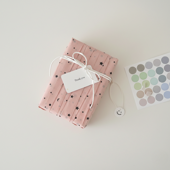 루미네임 모던 감성 선물포장 종이 포장지 10매+끈+카드 5장+스티커 45pcs, 1개, 핑크 별달 세트
