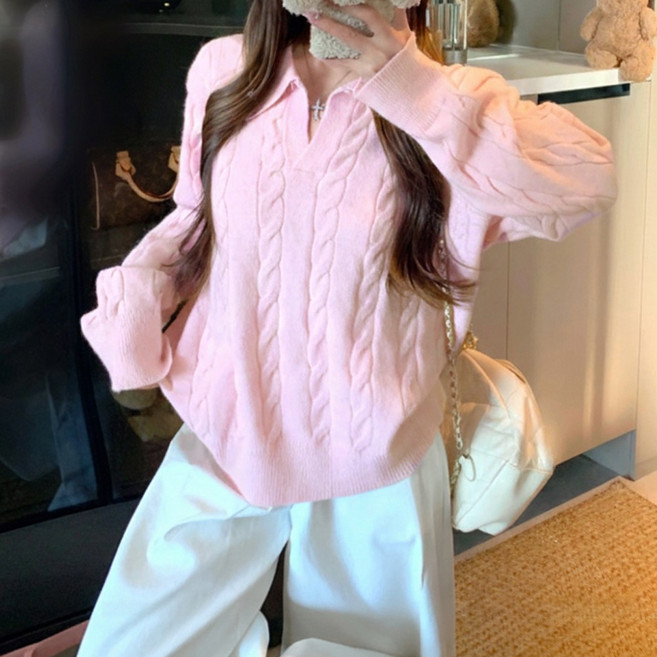 여성용 꽈배기 카라 브이넥 니트 봄 긴팔 티셔츠