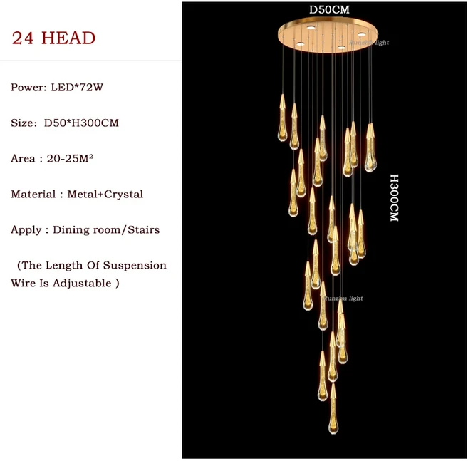 빌라 계단 펜던트 조명 유성우 샤워 유리 크리스탈 레스토랑 바 Lndoor 교수형 램프 드롭 거실 장식, 04 B Style 24-Head, 02 warm light, 01 빠른
