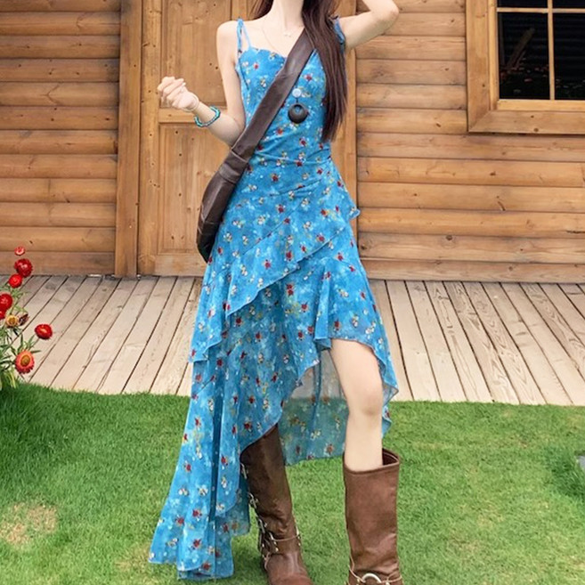 홍언목요 여성 미디원피스 끈나시 원피스 레이어드 플라워 언밸런스 A라인 원피스 바캉스룩