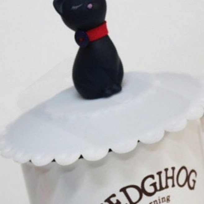 먼지 차단 실리콘 컵뚜껑 고양이 모양 먼지 방지 컵커버 실리콘 소재 주방용 컵 덮개 위생, 1개, 블랙고양이