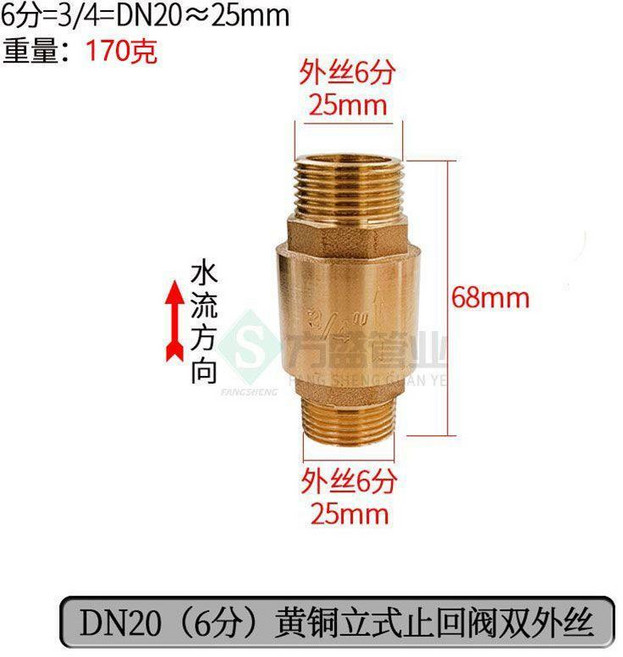 全銅內外絲止回閥4分6分1寸水管管道彈簧單向閥立式防反水逆止閥 副廠商品, 6 分雙外牙立 式止回閥, 1個