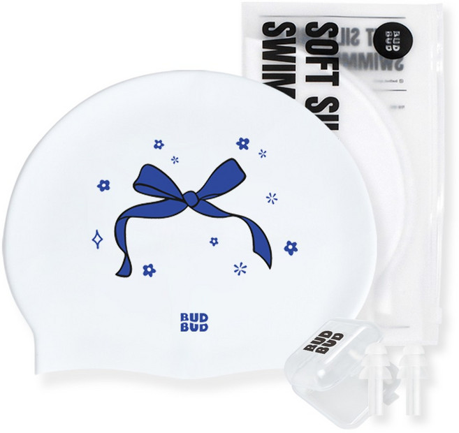 [3종세트] 버드버드 소프트 실리콘 수모 블루 리본 수영모자, 1개, 화이트