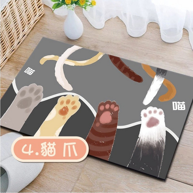 珪藻土速乾防滑地墊 吸水腳踏墊 浴室衛生間地墊 矽藻土腳踏墊, 1個, 4.貓爪 卡通地墊(絨布材質)