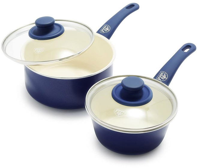 그린라이프 소프트 그립 1QT 및 2QT 소스팬 세트 한 세라믹 논스틱 무독성 PFAS & PFOA 프리 식기세척기 안전 유리 뚜껑 스테이쿨 핸들 이지 클린 조리기구, Blue, 1개