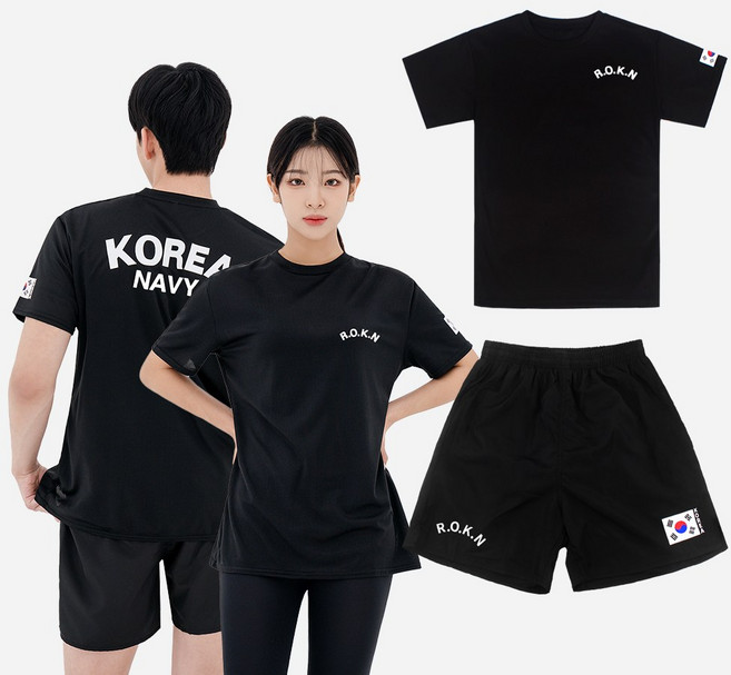 [SET] 쿨링 해군 반팔티 검정 1P + 해군 반바지 검정 1P ROKN 쿨티셔츠 등산 헬스 반티 운동회