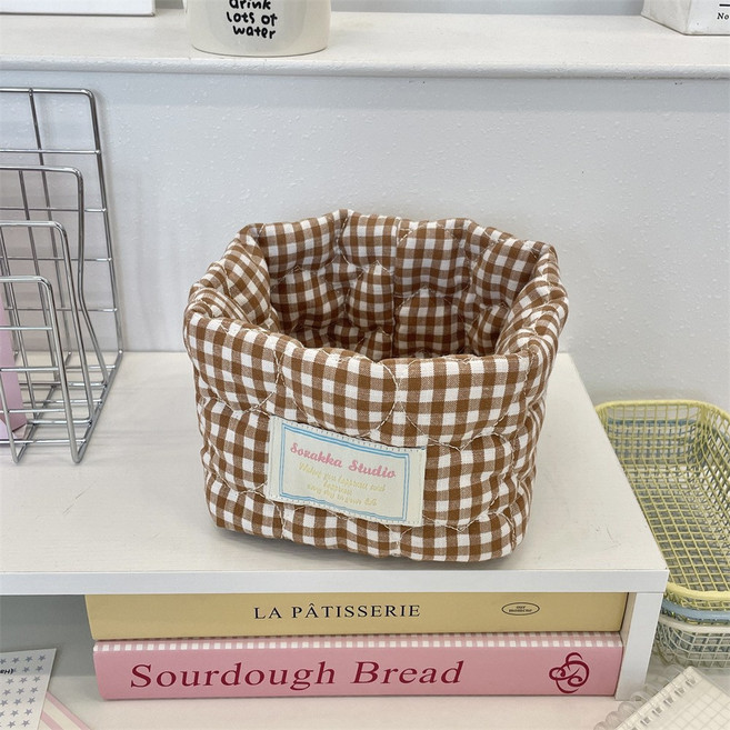 1+1 감성 체크 패브릭 수납 바구니 정리함, 2개, 브라운