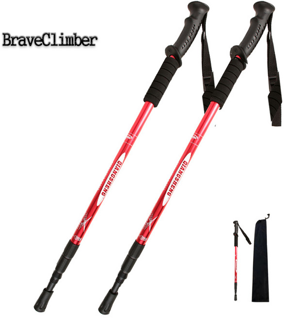 용감한클라이머 두랄루민 초경량 I형 3단 접이식 등산스틱 2P+ 수납 파우치, 레드, 1개