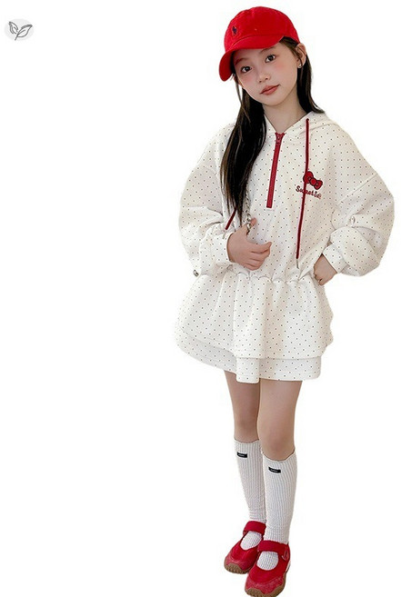 삐삐네옷가게 주니어 레드 포인트 봄가을 후드 프릴 스커트 원피스