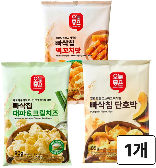 오늘좋은 빠삭칩 3종세트 - 단호박 떡꼬치 대파&크림치즈 쌀과자, 1세트, 245g