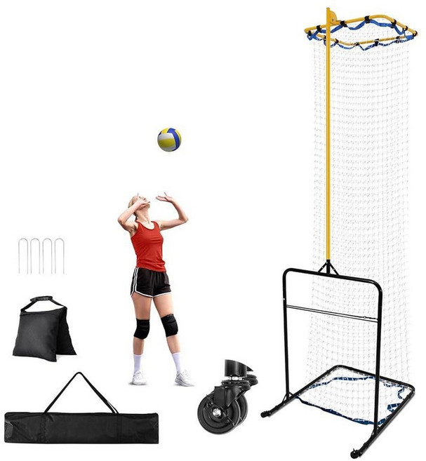 배구 세터 훈련 장비 8가지 높이 조절 가능 견고하고 내구성이 뛰어난 330.2cm(130인치) 세팅 트레이너 실내 및 실외 훈련을 위한 6가지 각도 바퀴 휴대용 가방 포함, Yellow